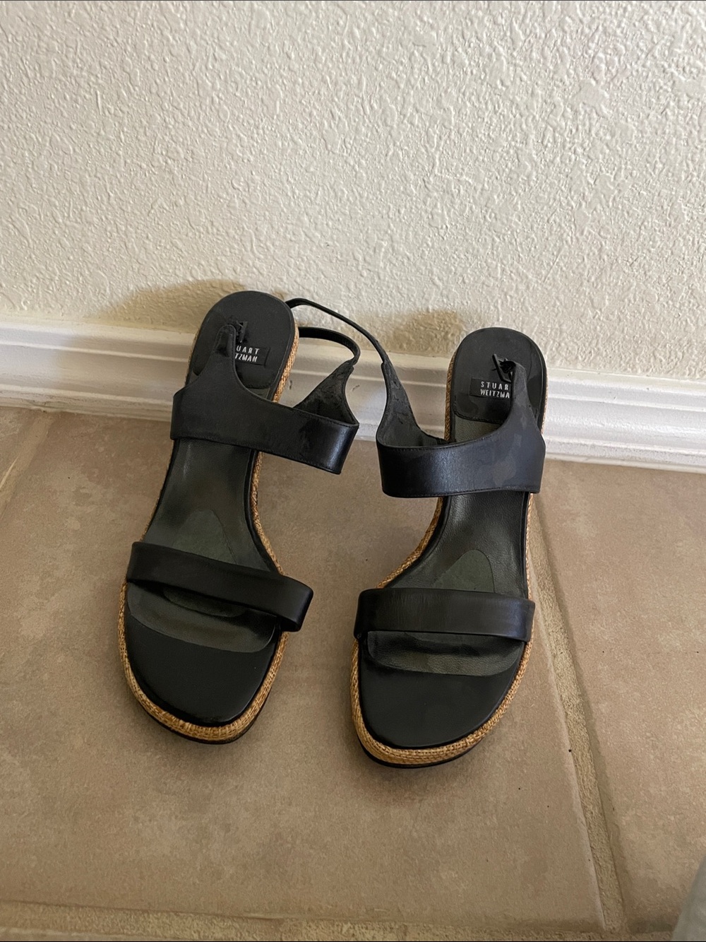 Stuart Weitzman Black Leather Double-Strap Slingback Sandals